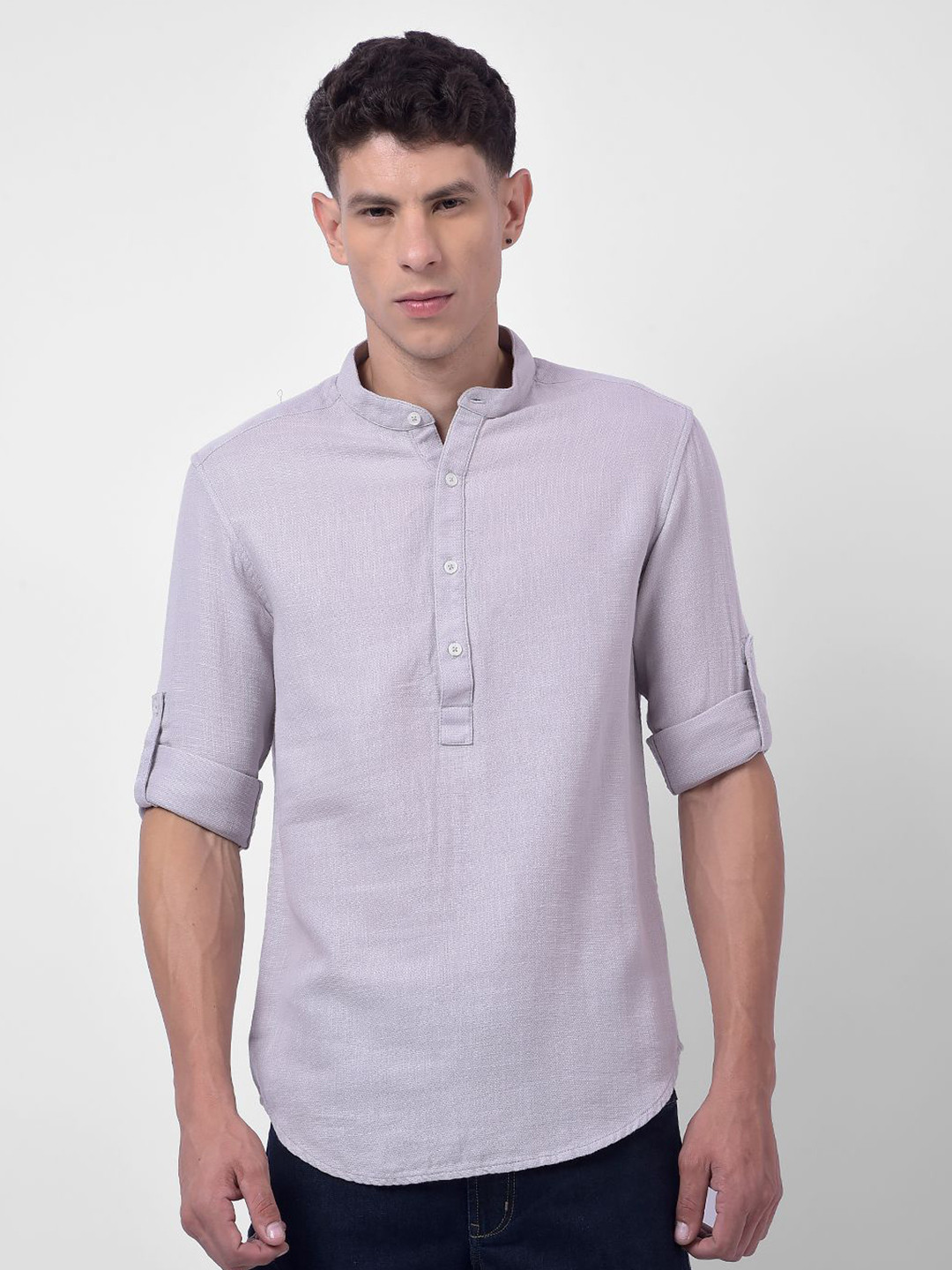 Numero Uno Slim Fit Mandarin Collar Roll-Up Sleeves Casual Shirt