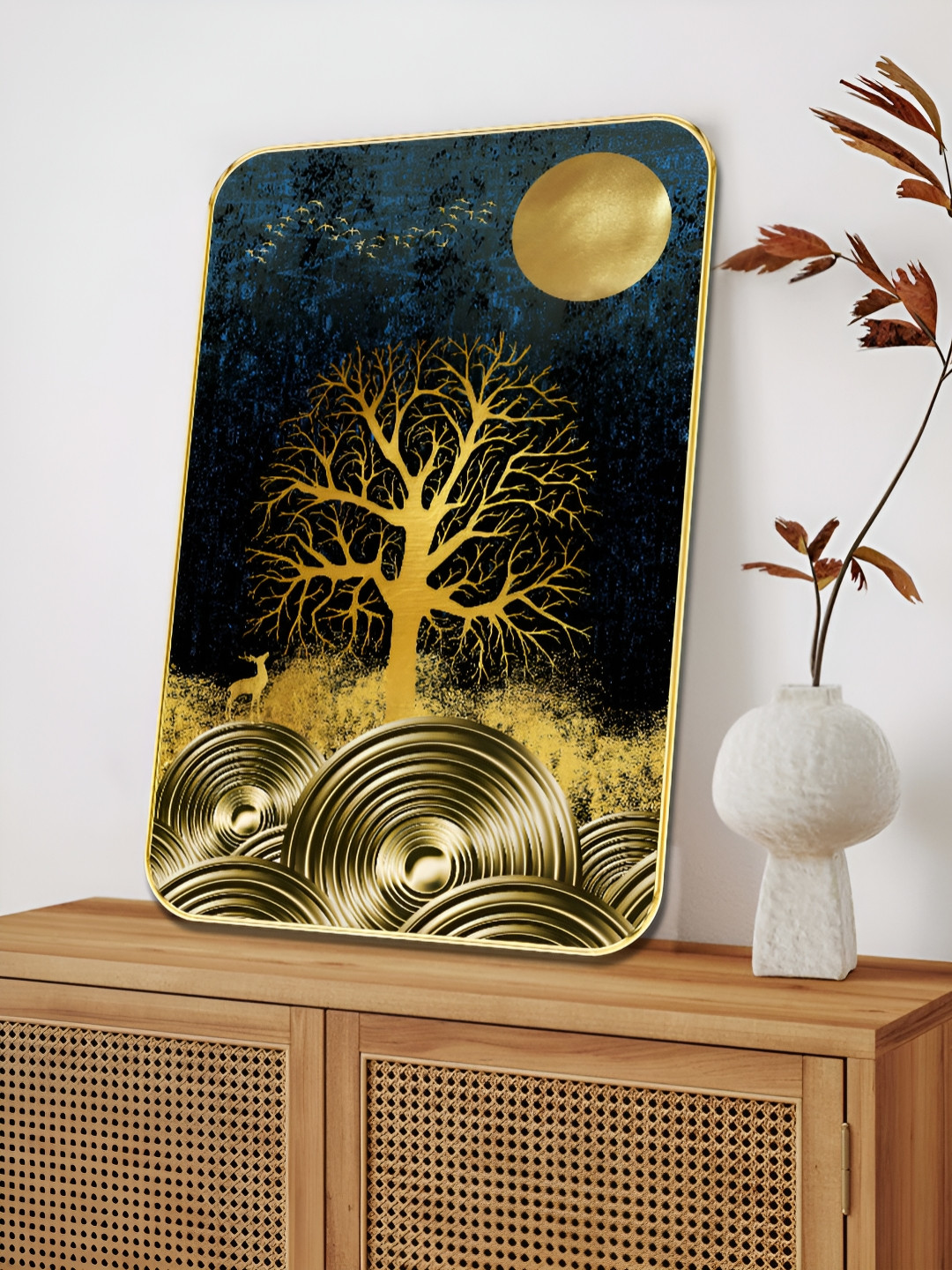 Myntra Elegant Homes Gold-Toned & Blue Fantasy Tree Wooden Wall Art