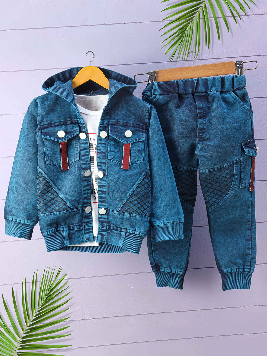Shirazi Boys Printed Hooded Denim Jacket With Trouser