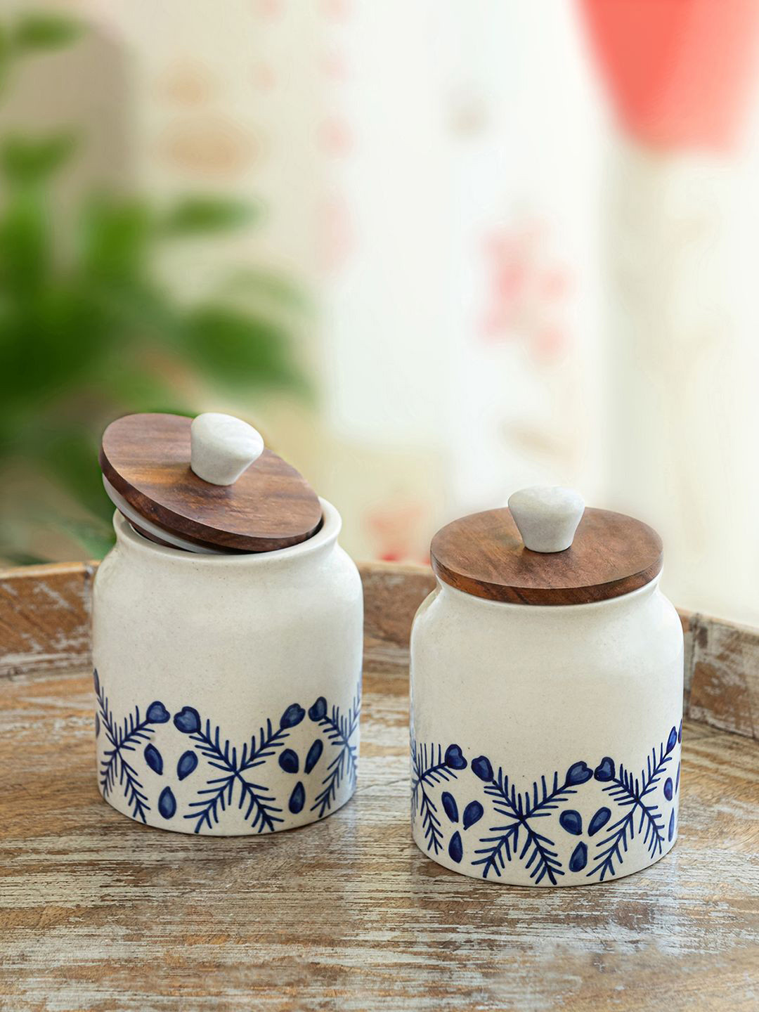 ExclusiveLane Jar & joy White & Brown 2 Pieces Ceramic Containers With Airtight Wooden Lid