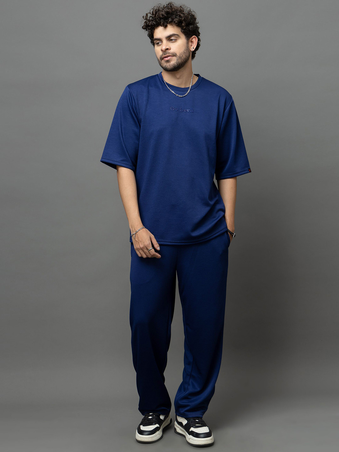 GO DEVIL Textured Round Neck T-Shirt With Trousers Co-Ords Set