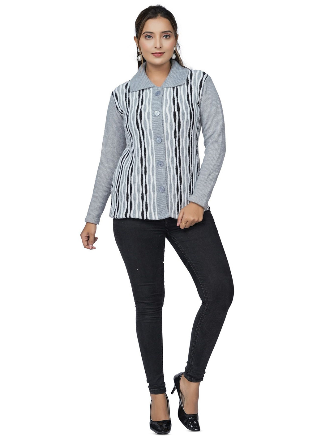 WOOL 4U Chain Women Striped Shirt Collar Woollen Cardigan