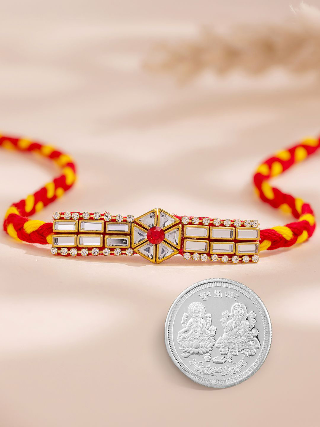 Studio Voylla Kundan Studded Rakhi With Laxmi Ganesh 5 Grams Coin & Roli Chawal