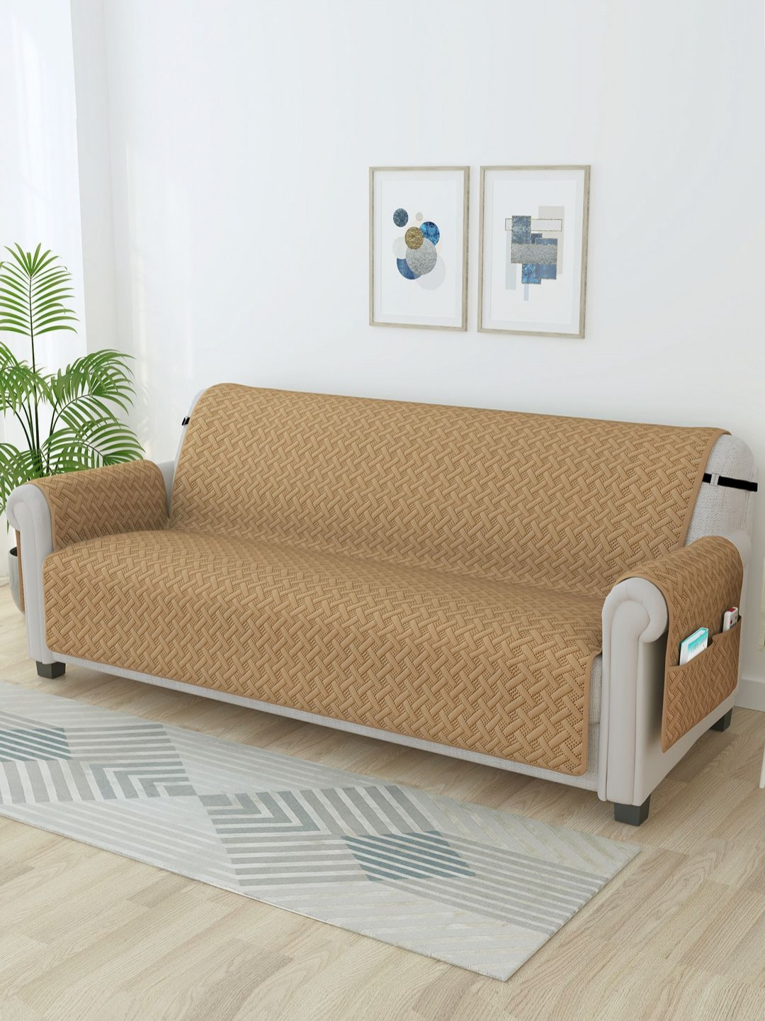 Story@home Beige Self Design Microfiber 4 Seater Sofa Cover With Arms