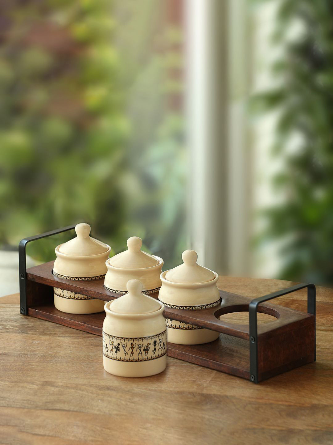 ExclusiveLane Warli Tales Off White & Brown 4 Pieces Pickle & Chutney Jar Containers