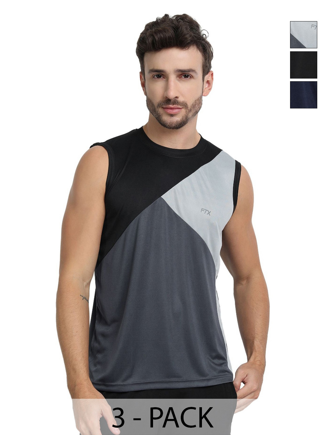 FTX Pack Of 3 Colourblocked Round Neck Sleeveless Sports T-Shirts