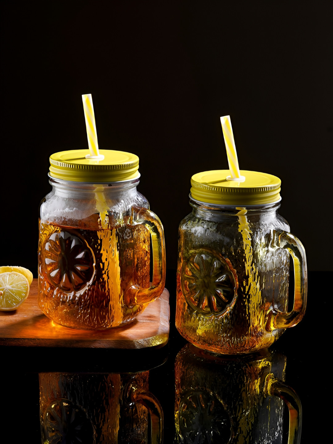 Aura Yellow 2 Pieces Textured Mason Jar With Metal Lid & Straw 480 ml Each