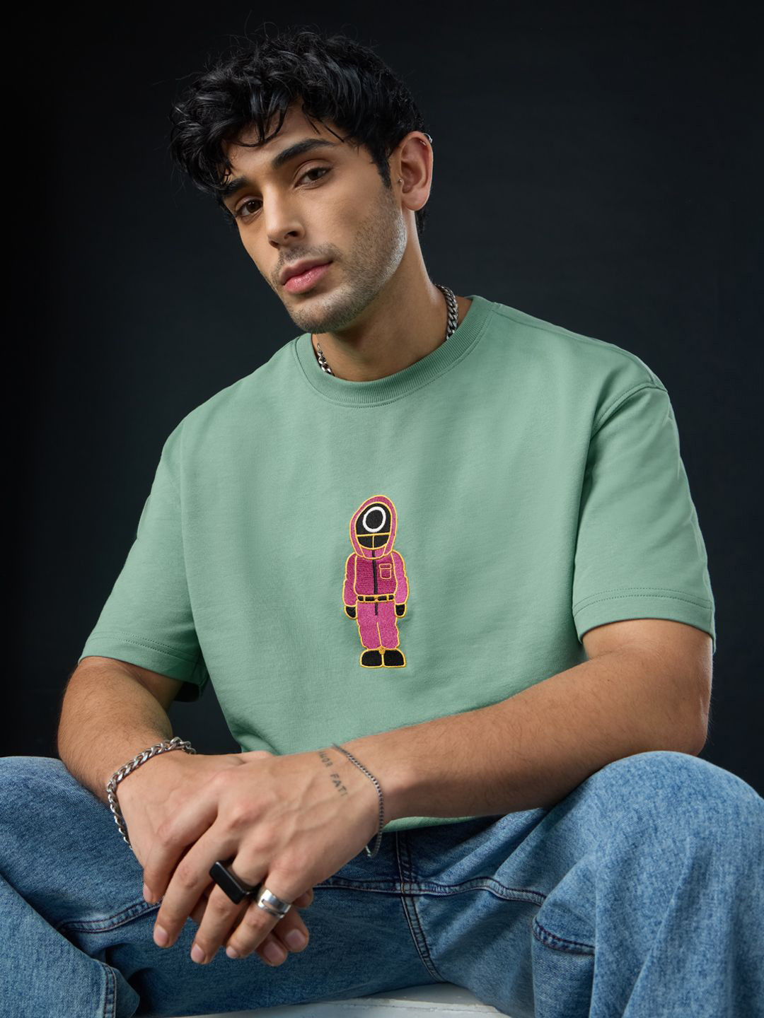 The Souled Store Oversized Squid Games Soldier Embroidered Pure Cotton T-Shirt