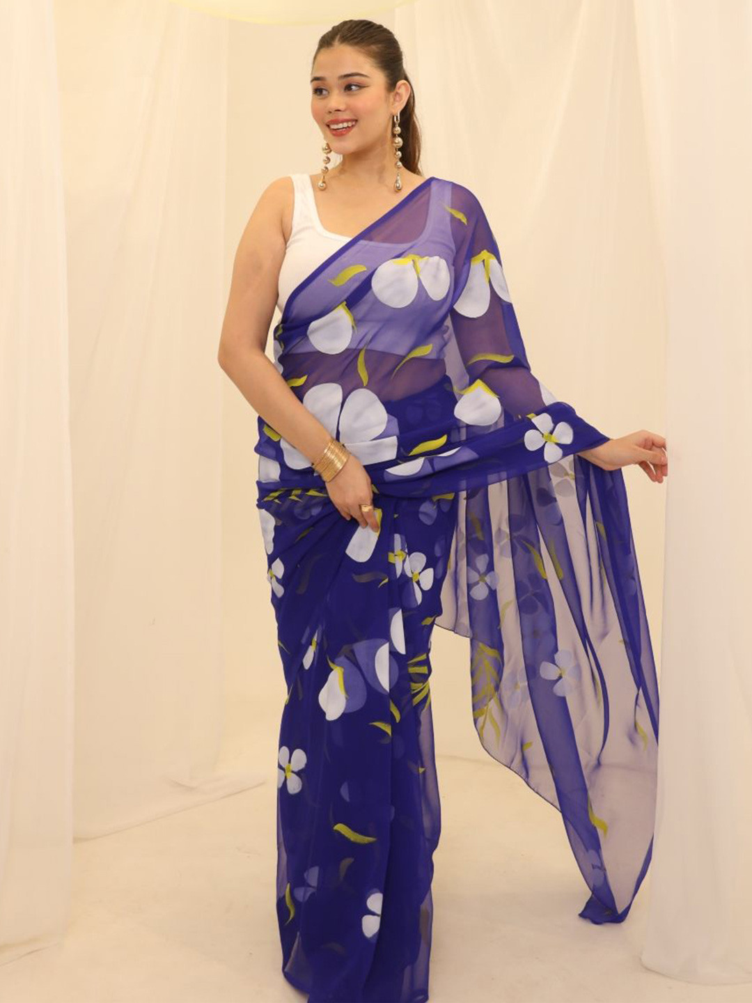 Swadeshi Shringaar Blue Floral Hand Painted Georgette Saree