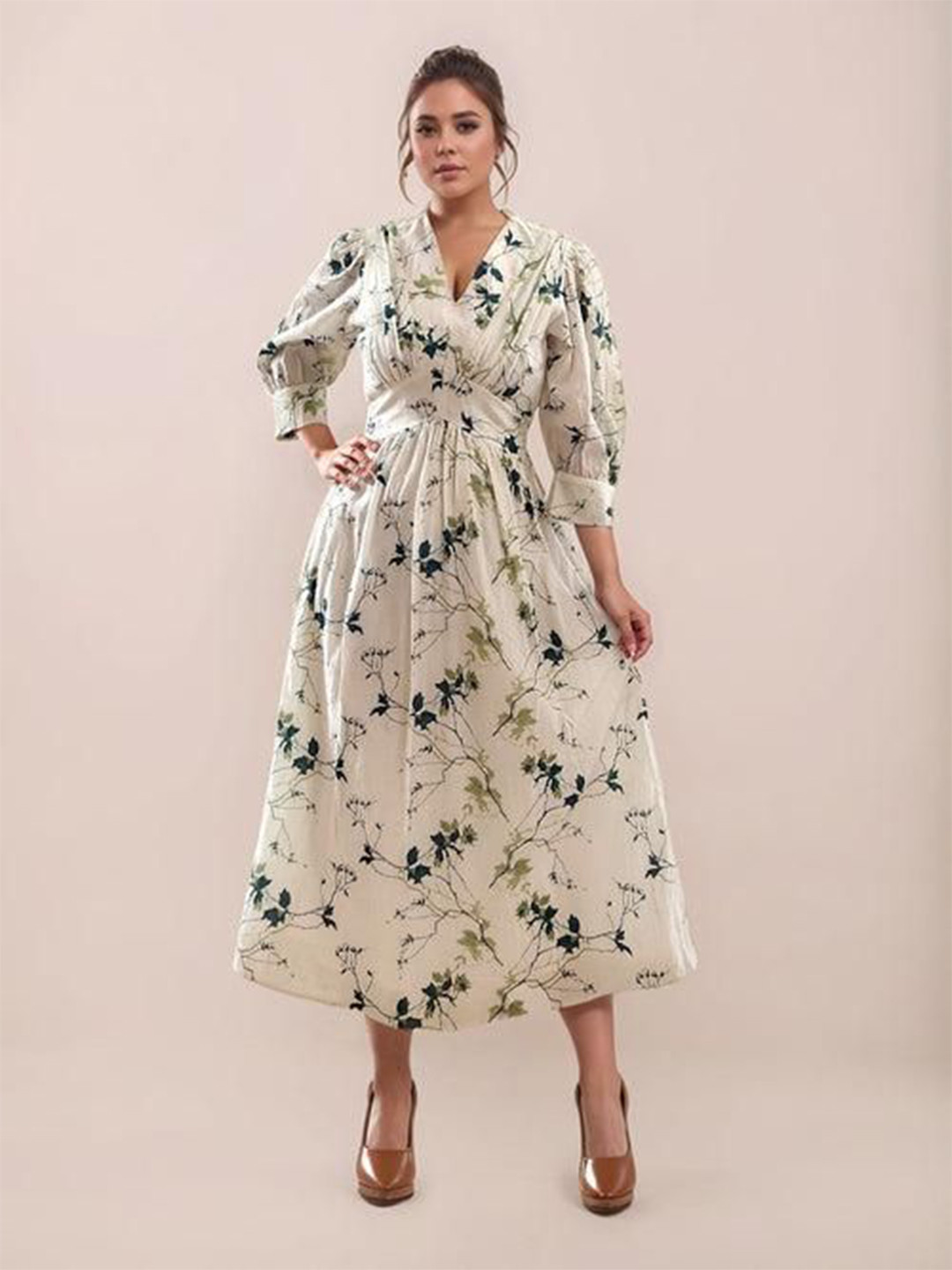 Zink London Multi-Colored Tropical Print 3/4th Sleeves Cotton Fit & Flare Midi Dress