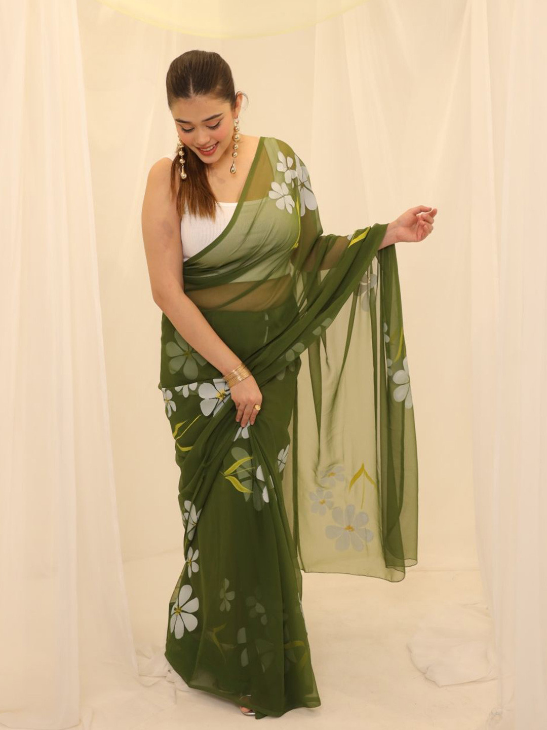 Swadeshi Shringaar Olive Floral Hand Painted Georgette Saree