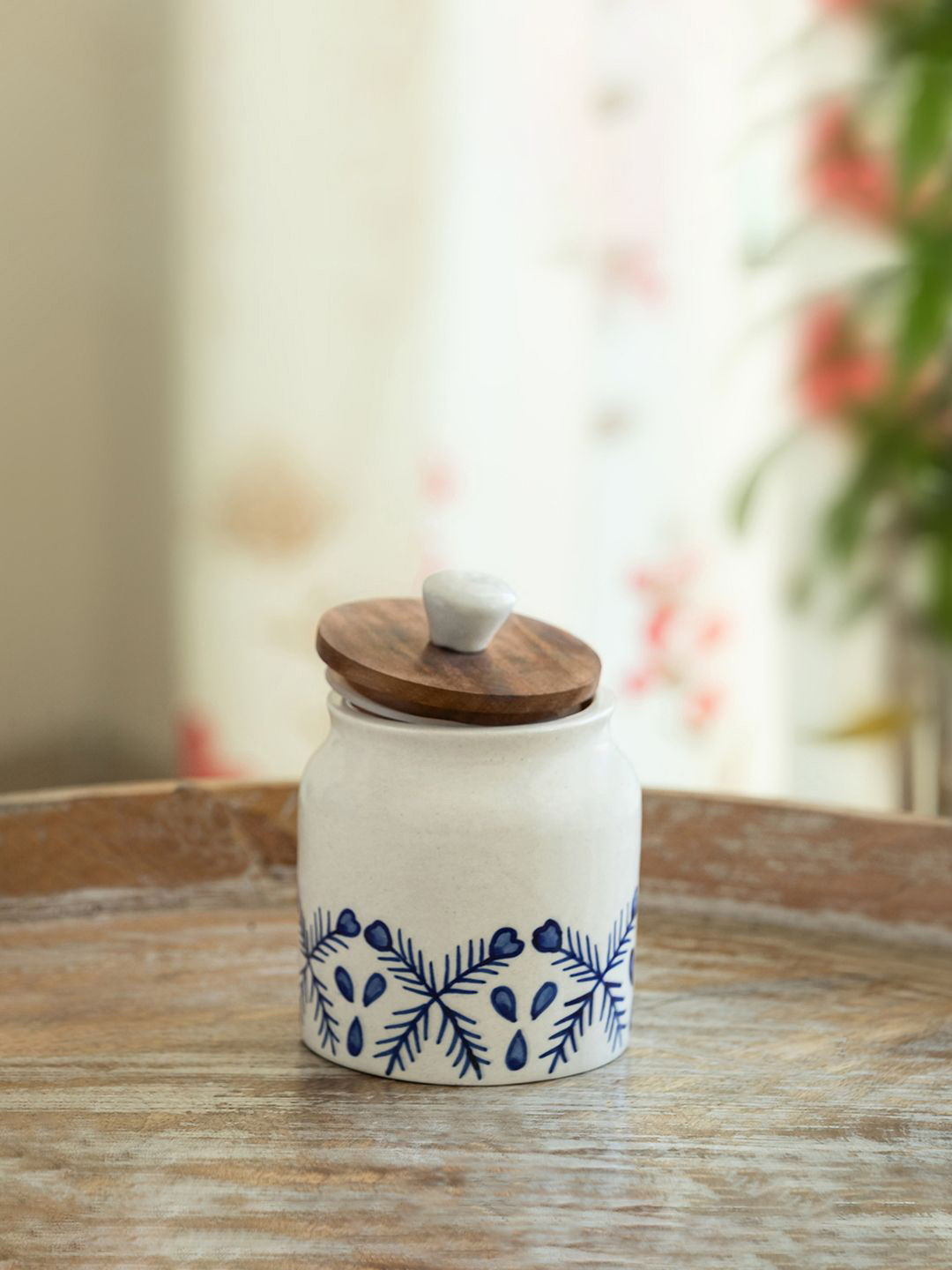 ExclusiveLane Jar & joy White & Blue Ceramic Container With Airtight Wooden Lid