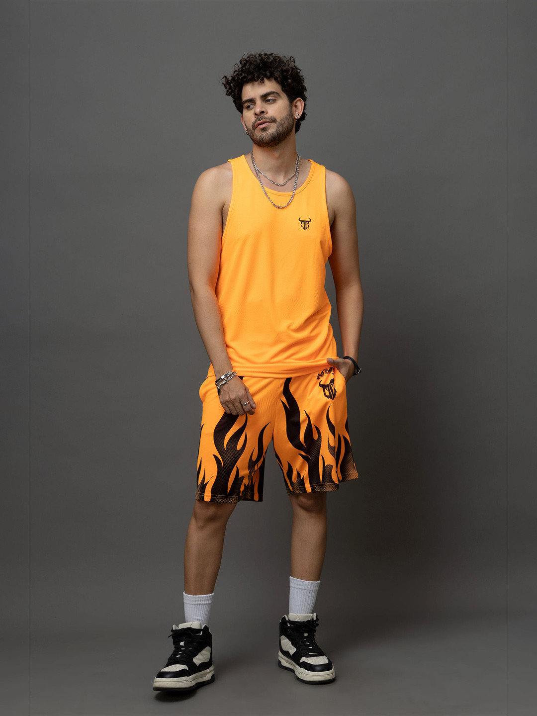 GO DEVIL Flame Printed Sleeveless T-Shirt With Shorts Co-Ords