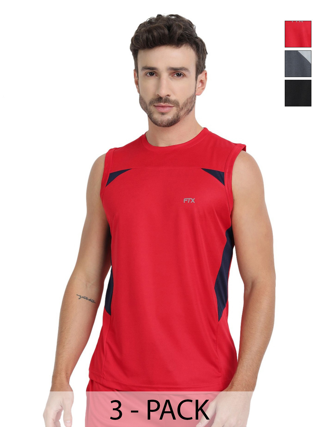 FTX Pack Of 3 Colourblocked Round Neck Sleeveless Dri-FIT T-shirts