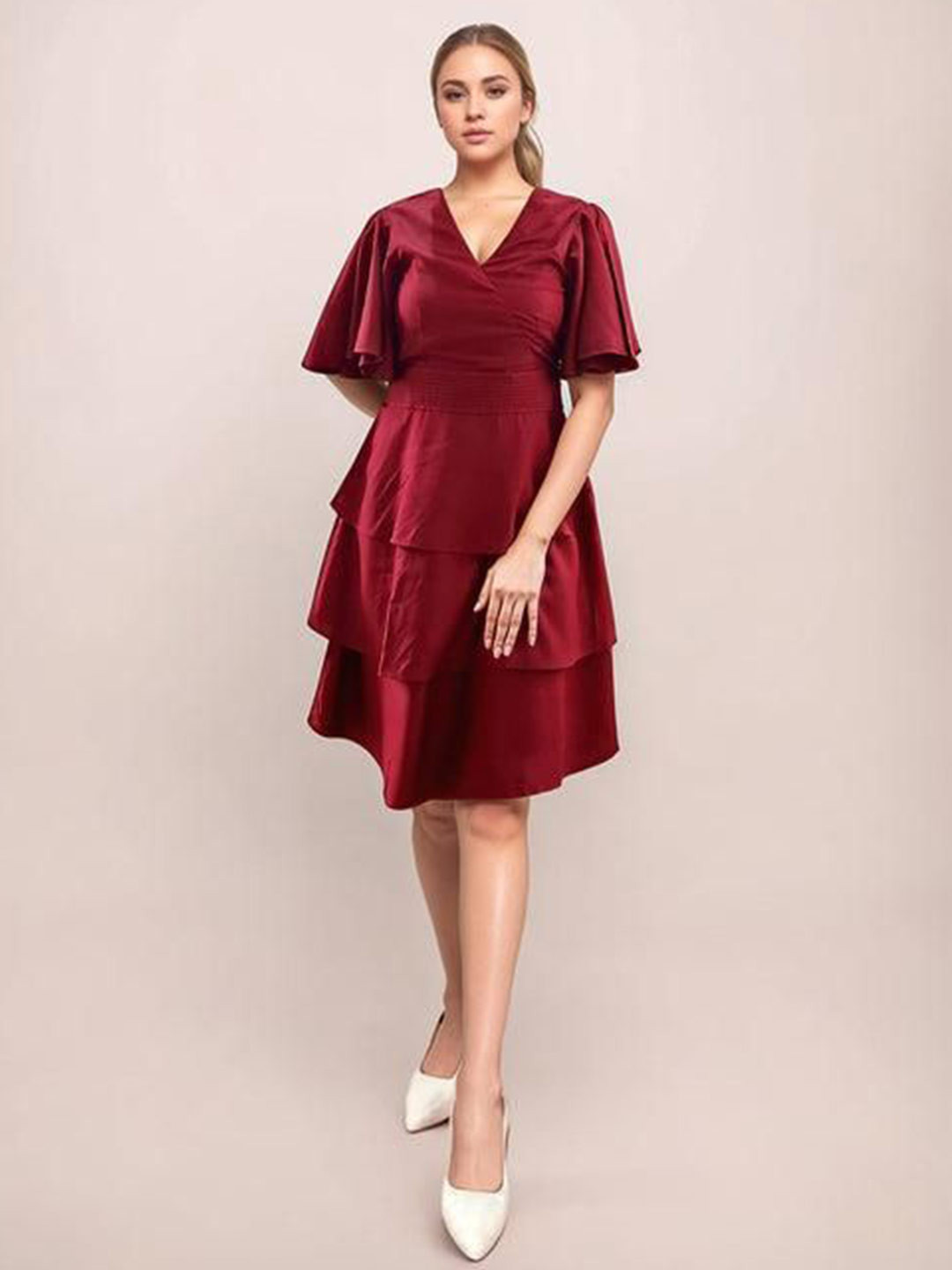 Zink London Maroon Textured Short Sleeves Wrap Dress