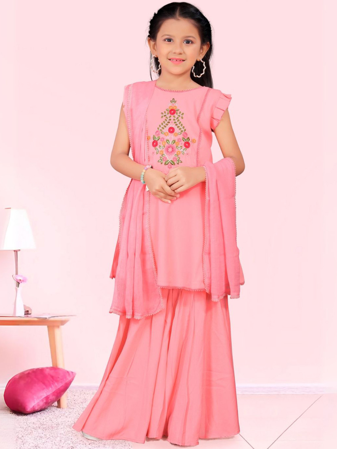 KALINI Girls Floral Yoke Design Round Neck Thread Work A-Line Kurta With Sharara & Dupatta