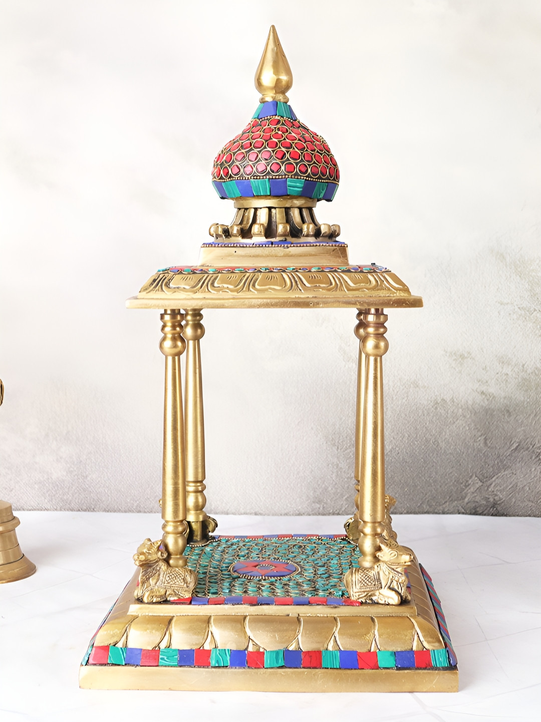 The Advitya Gold Toned & Green Religious Temple With Nandi In Mosaic Work Showpiece
