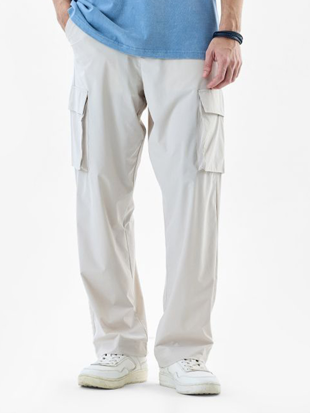 Snitch Men White Mid-Rise Relaxed Fit Cargo Pants