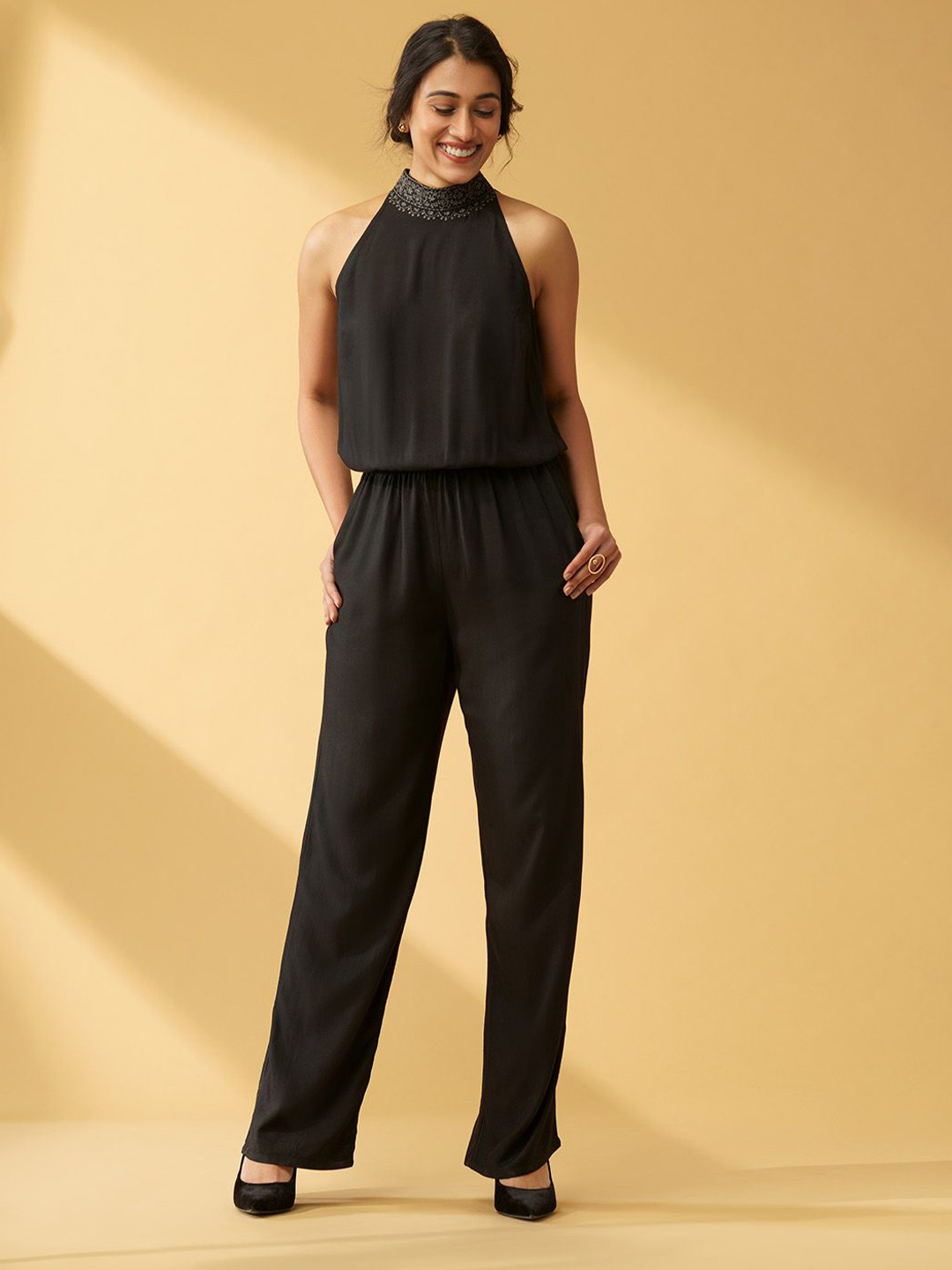 B77 Freja Stylish Cotton Tencel Halter Neck Jumpsuit