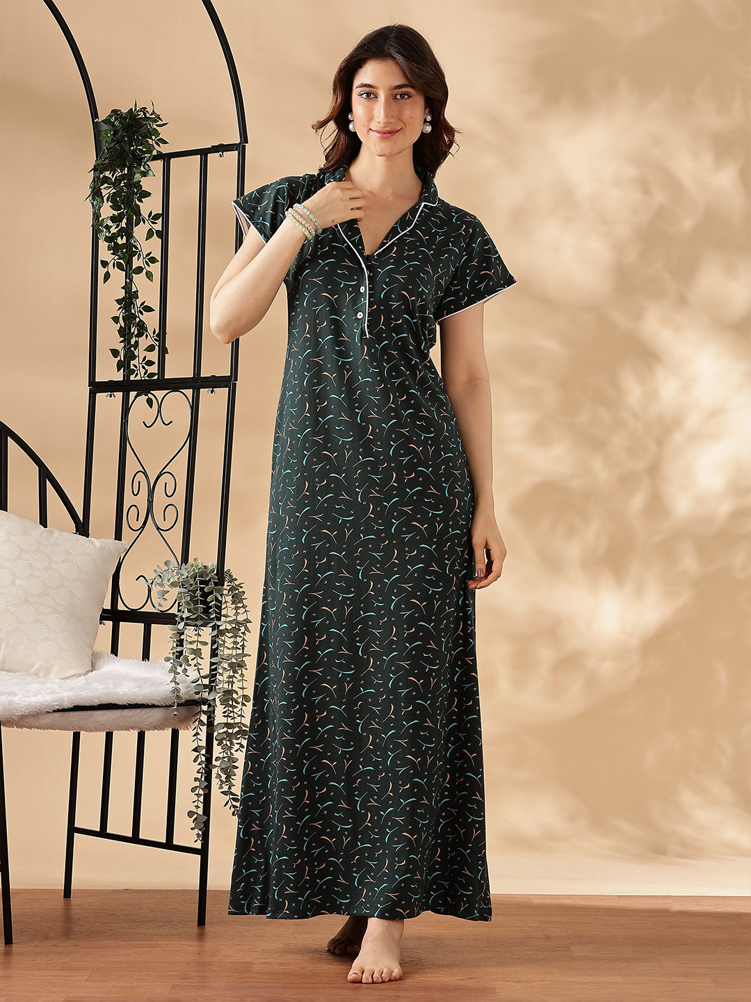 9shines Label Women Geometric Printed Polo Collar Maxi Nightdress