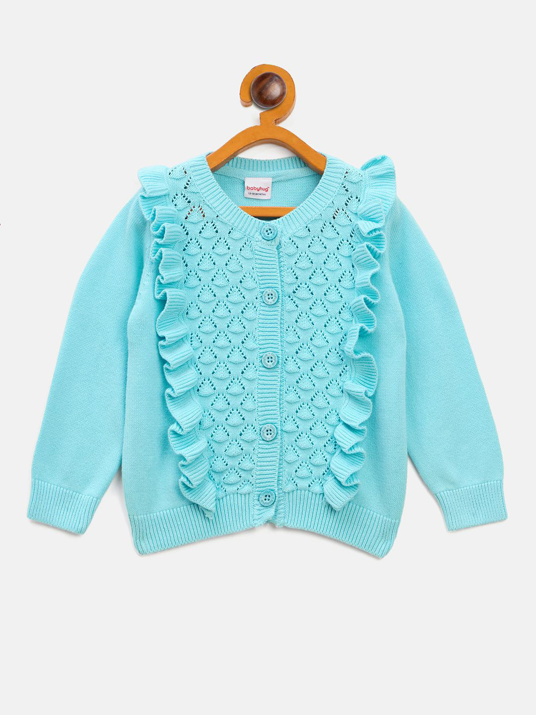 JWAAQ Girls Geometric Self Design Ruffles Cardigan