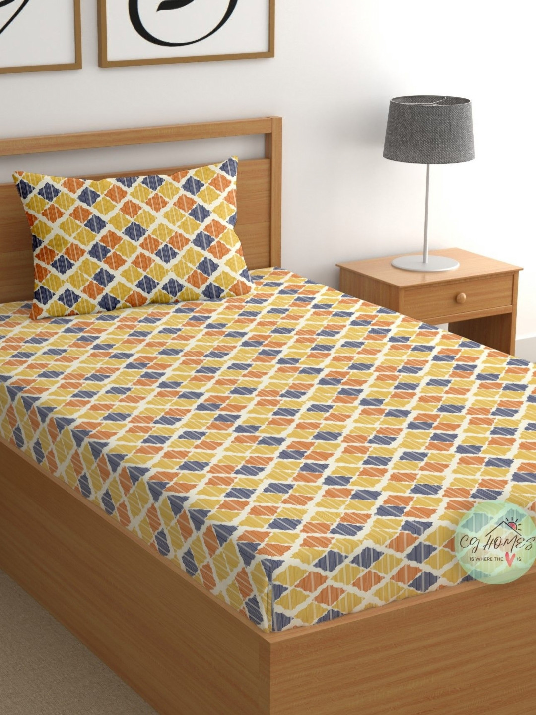 CG HOMES Orange & Yellow Geometric 180 TC Cotton Single Bedsheet 215 cm x 150 cm