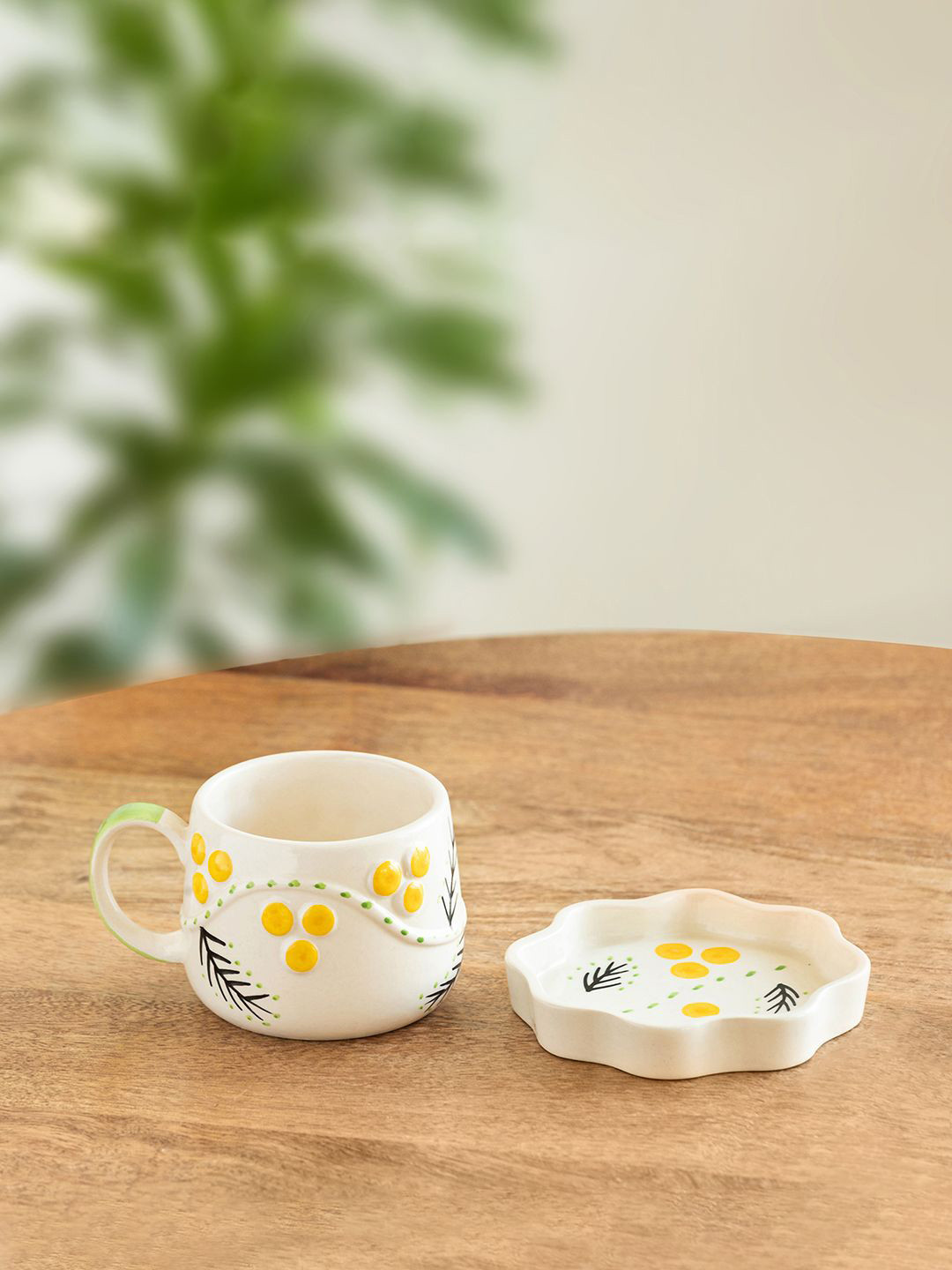 ExclusiveLane Spring Bloosom White & Yellow 2 Pieces Printed Ceramic Cups & Saucers 250ml