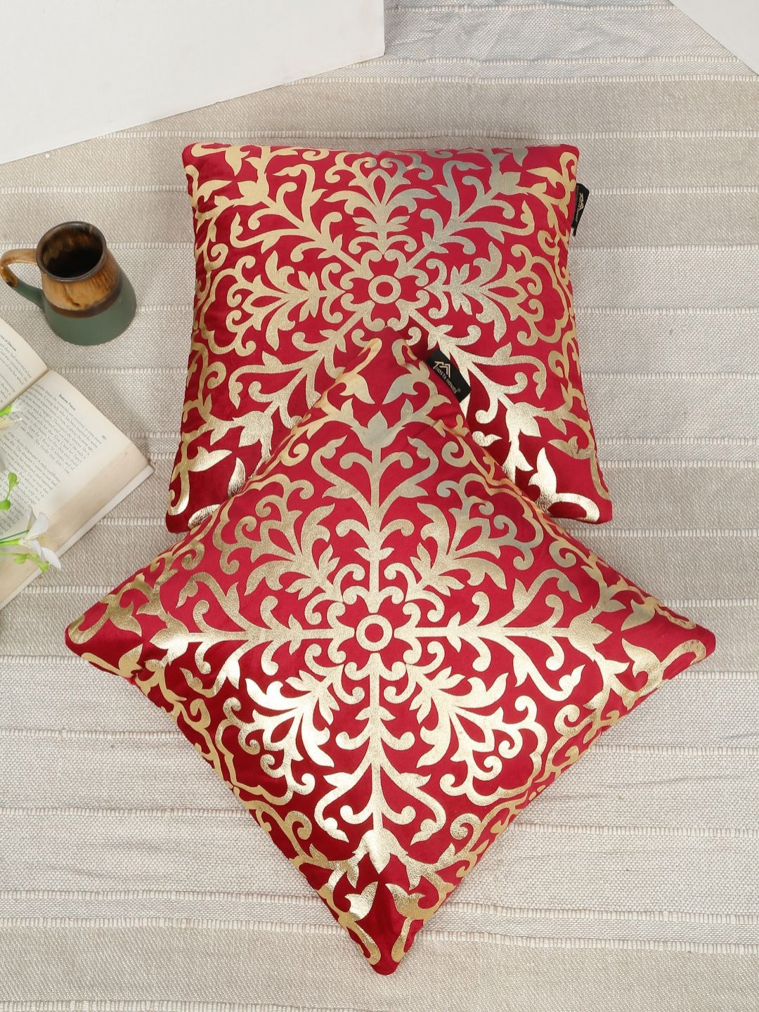 HOSTA HOMES Maroon & Gold-Toned 2 Pieces Floral Foil Printed Velvet Square Cushion Covers