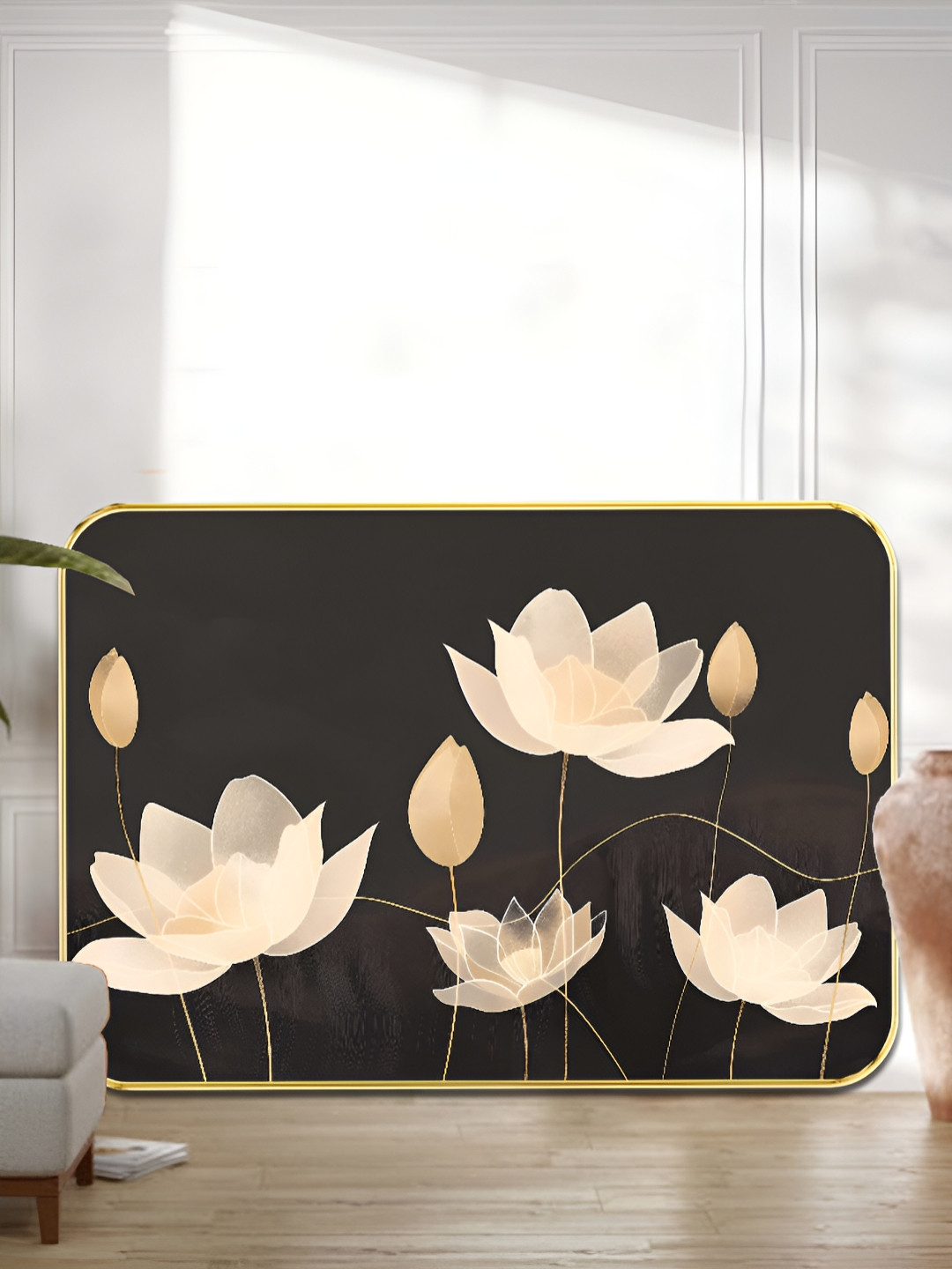 Myntra Elegant Homes Black & Gold-Toned Lotus Wooden Painting Wall Art
