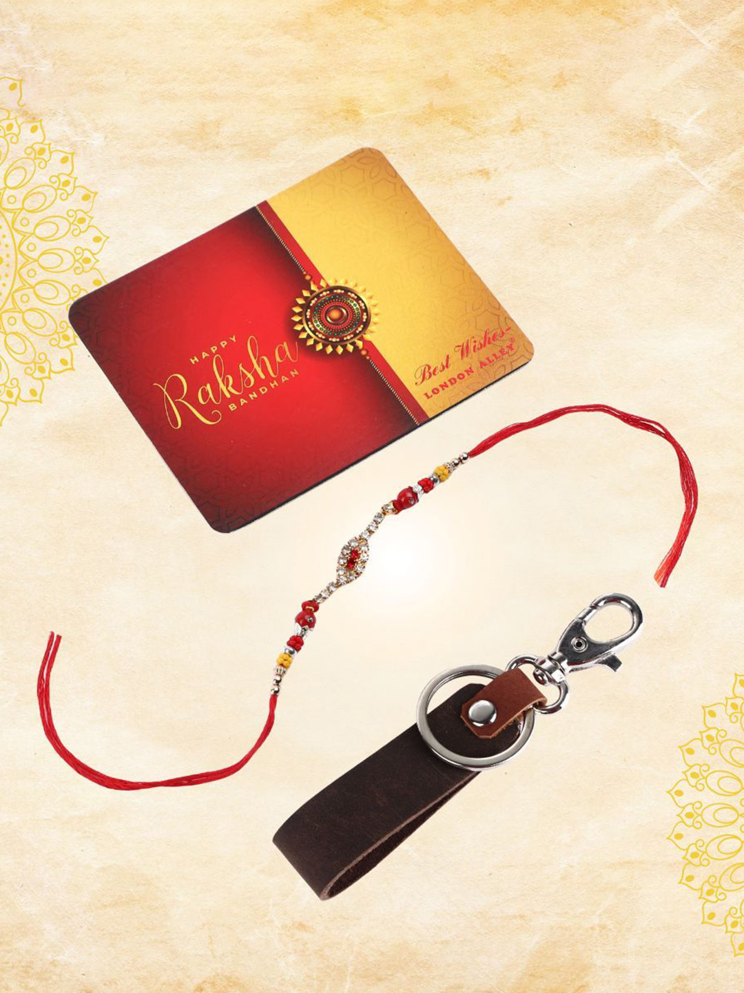 LONDON ALLEY Set Of 3 Stone-Studded & Beaded Rakhi With Wallet & Keyring