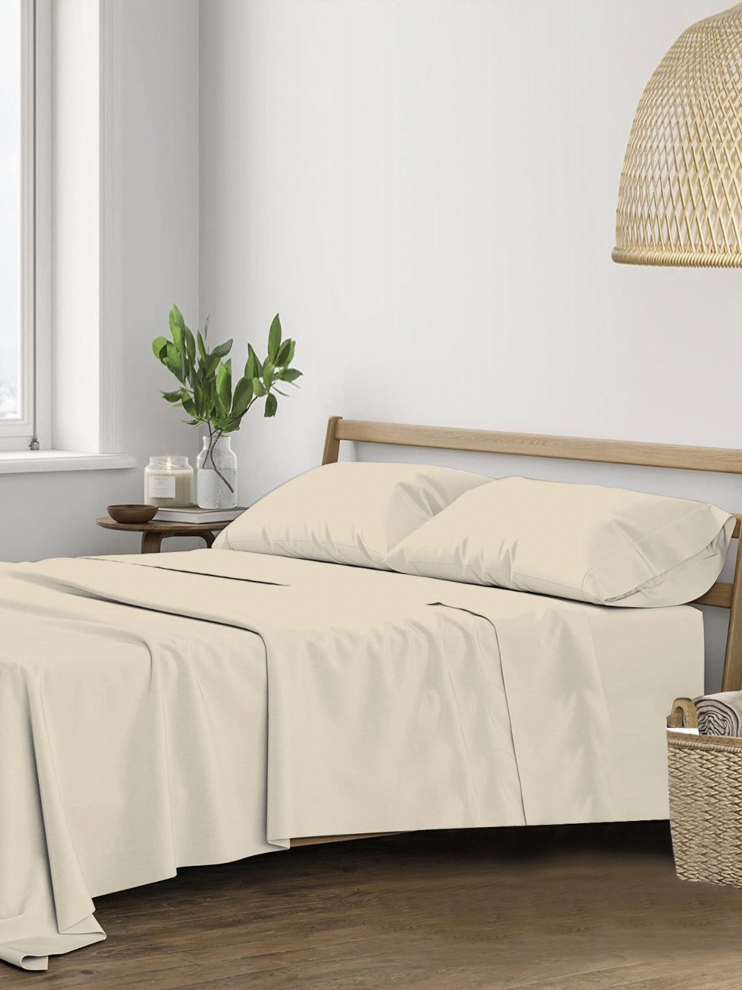 Trance Home Linen Cream Cotton 400 TC Queen Bedsheet Sets - 2.18 m x 2.64 m