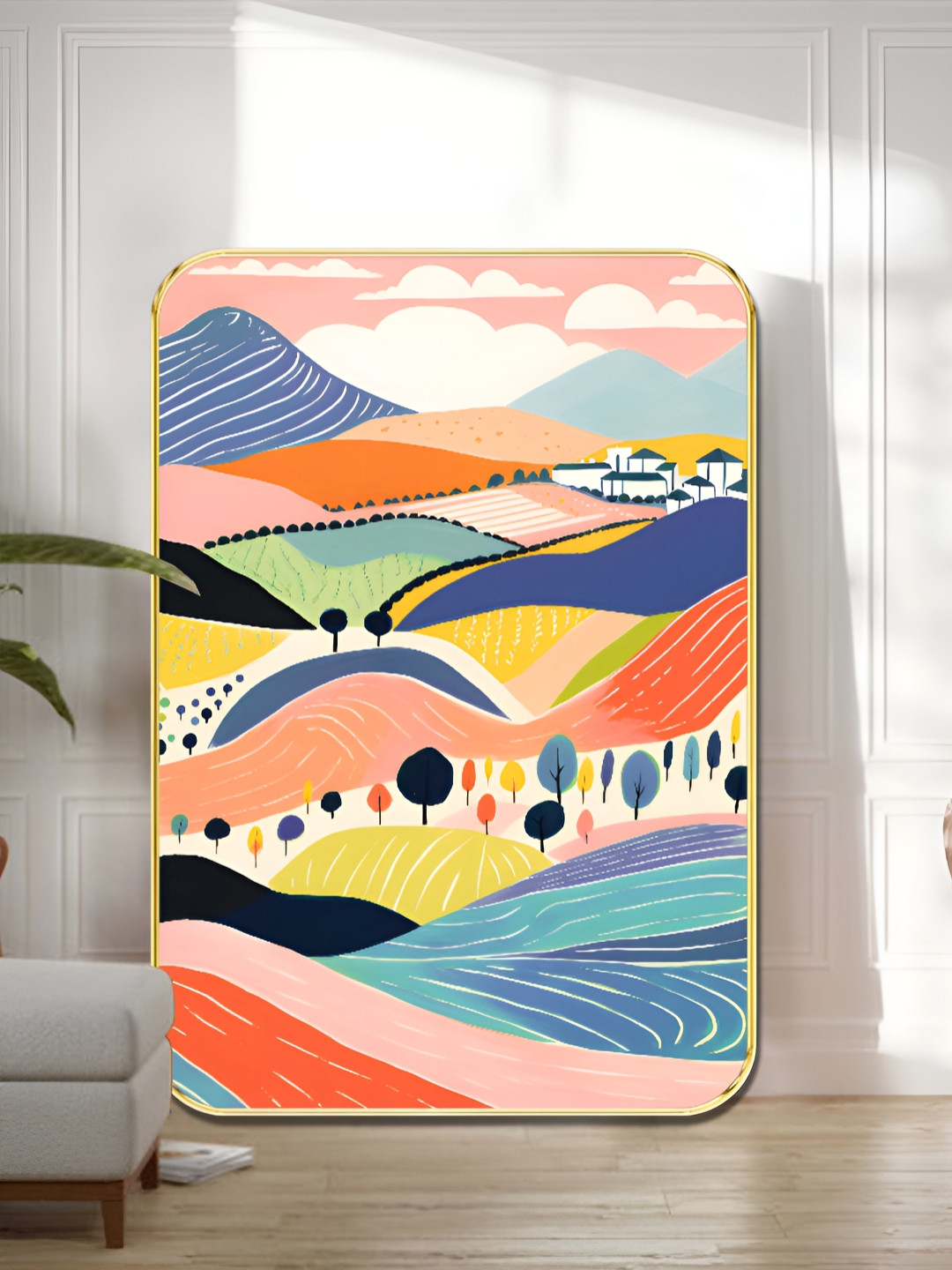 Myntra Elegant Homes Pink & Blue Wooden Vibrant Rolling Hills, Trees & Village Wall Art