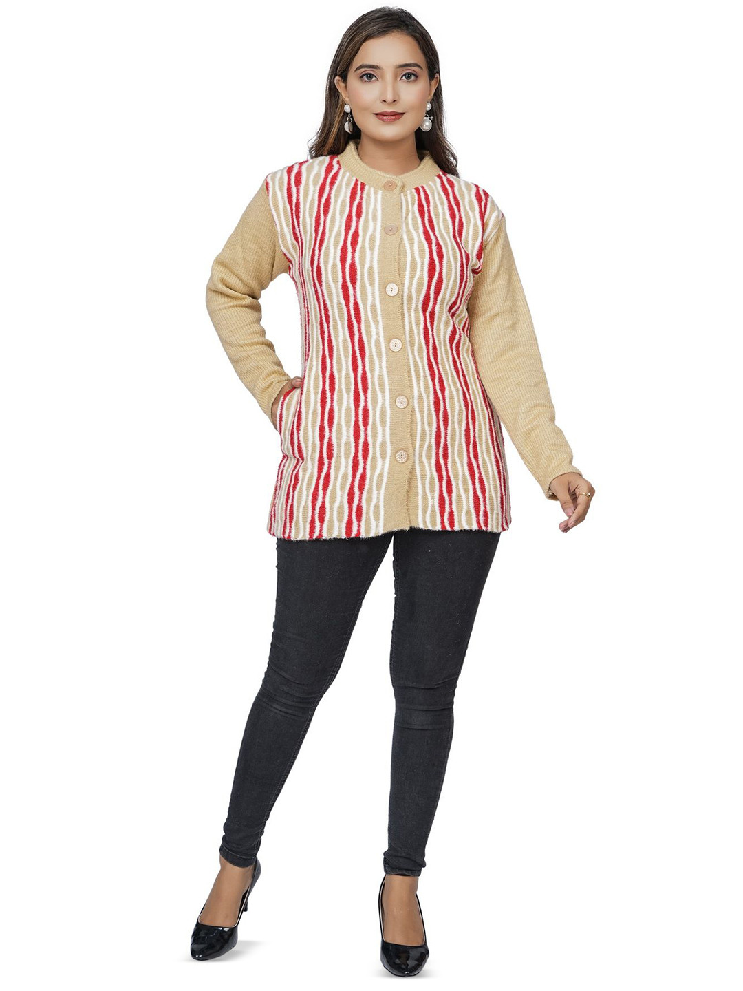 WOOL 4U Women Striped Woolen Longline Cardigan