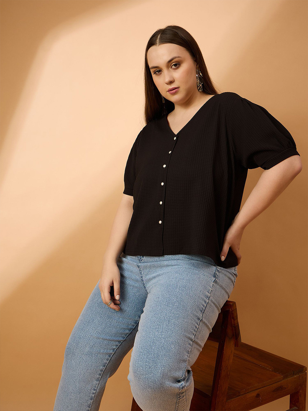 ANJIR Plus Size Puff Sleeve Textured Crepe Top