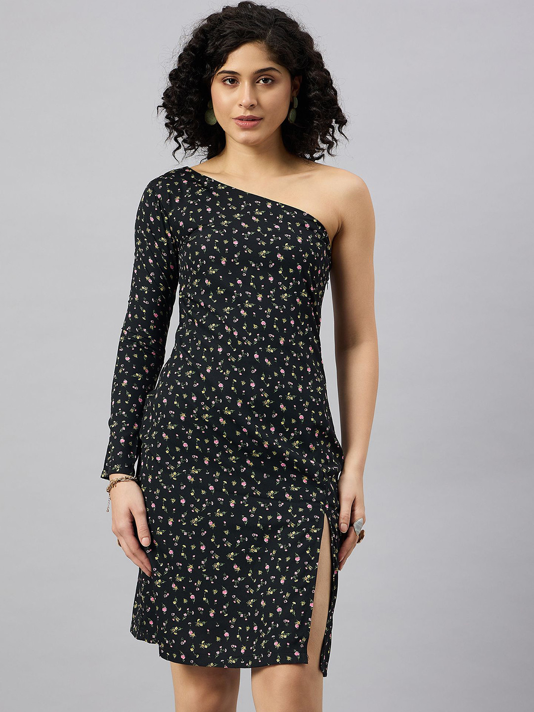 DressBerry Women Floral Printed Slits One Shoulder Sheath Dress