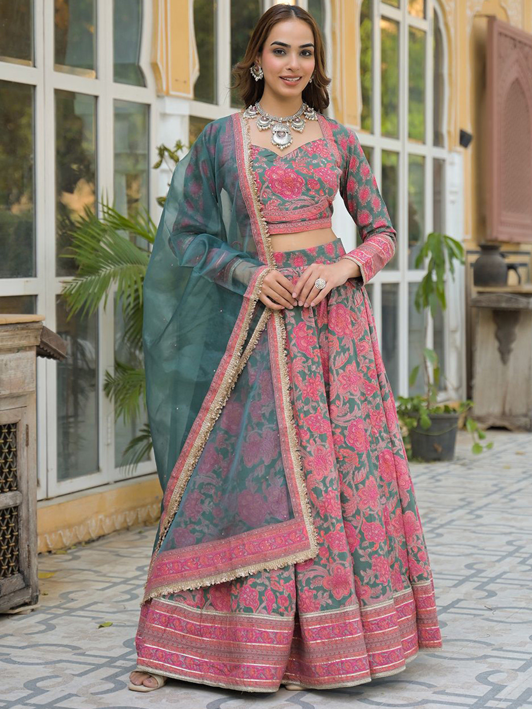 Divena Printed Sequinned Cotton Ready to Wear Lehenga & Blouse With Dupatta
