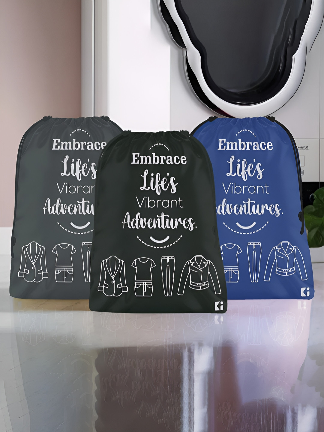 Aura Blue & Black 3 Pieces Printed Foldable Water Resistant Multi-Utility Laundry Bags