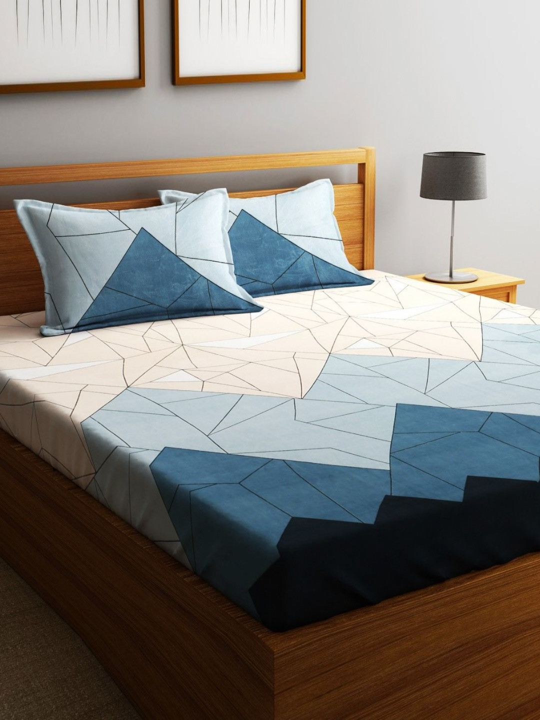Fashion String Blue & Beige Geometric Printed Microfiber 144 TC Queen Bedsheet Set