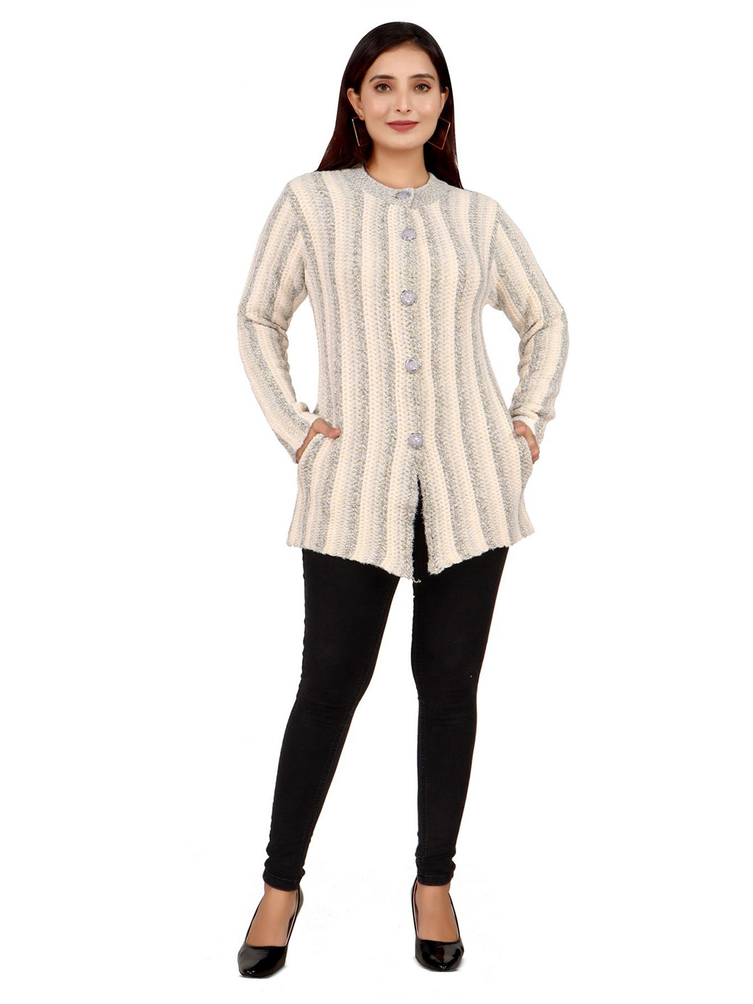 WOOL 4U Women Plus Size Striped Woollen Longline Cardigan