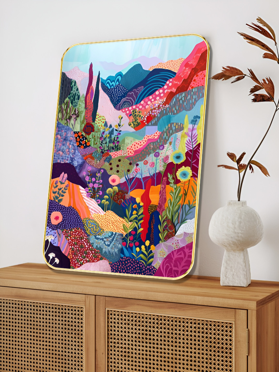 Myntra Elegant Homes Pink & Blue Abstract Floral Hills Wooden Painting Wall Art