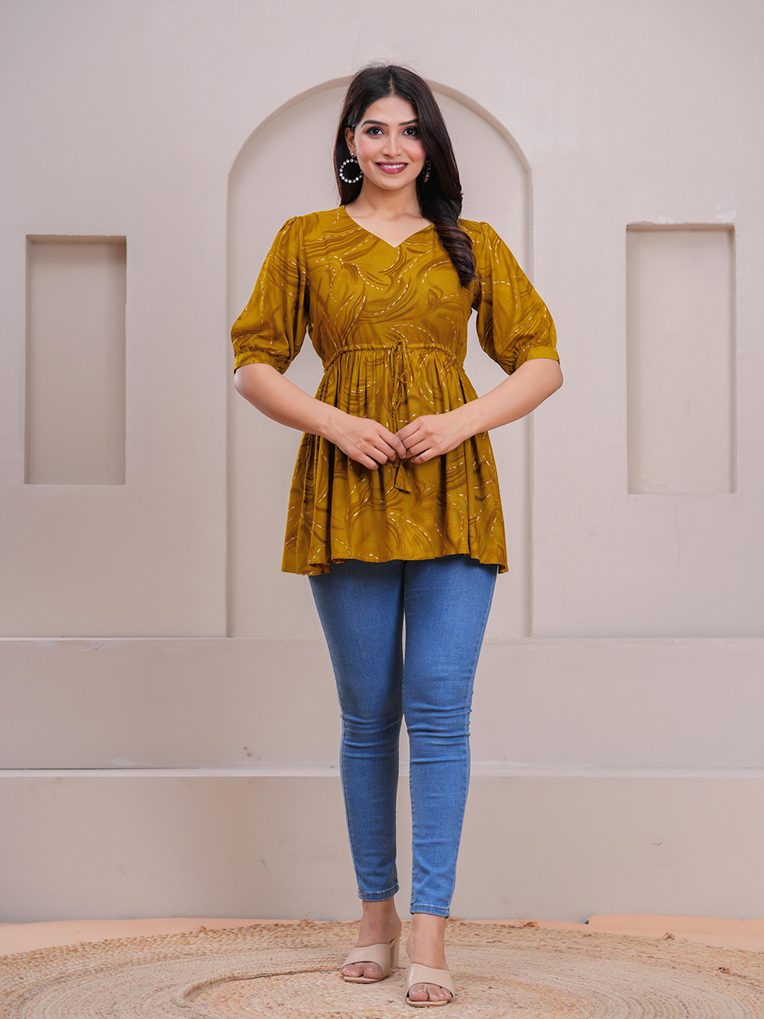 Meeranshi Women Abstract Printed Pleated V-Neck Top