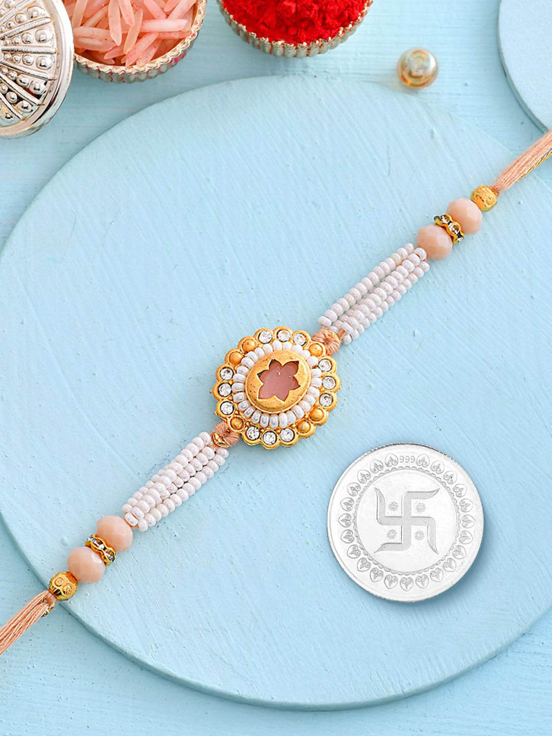 Studio Voylla Set Of 2 Stone-Studded & Beaded Rakhi With Swastik Coin Gift Set