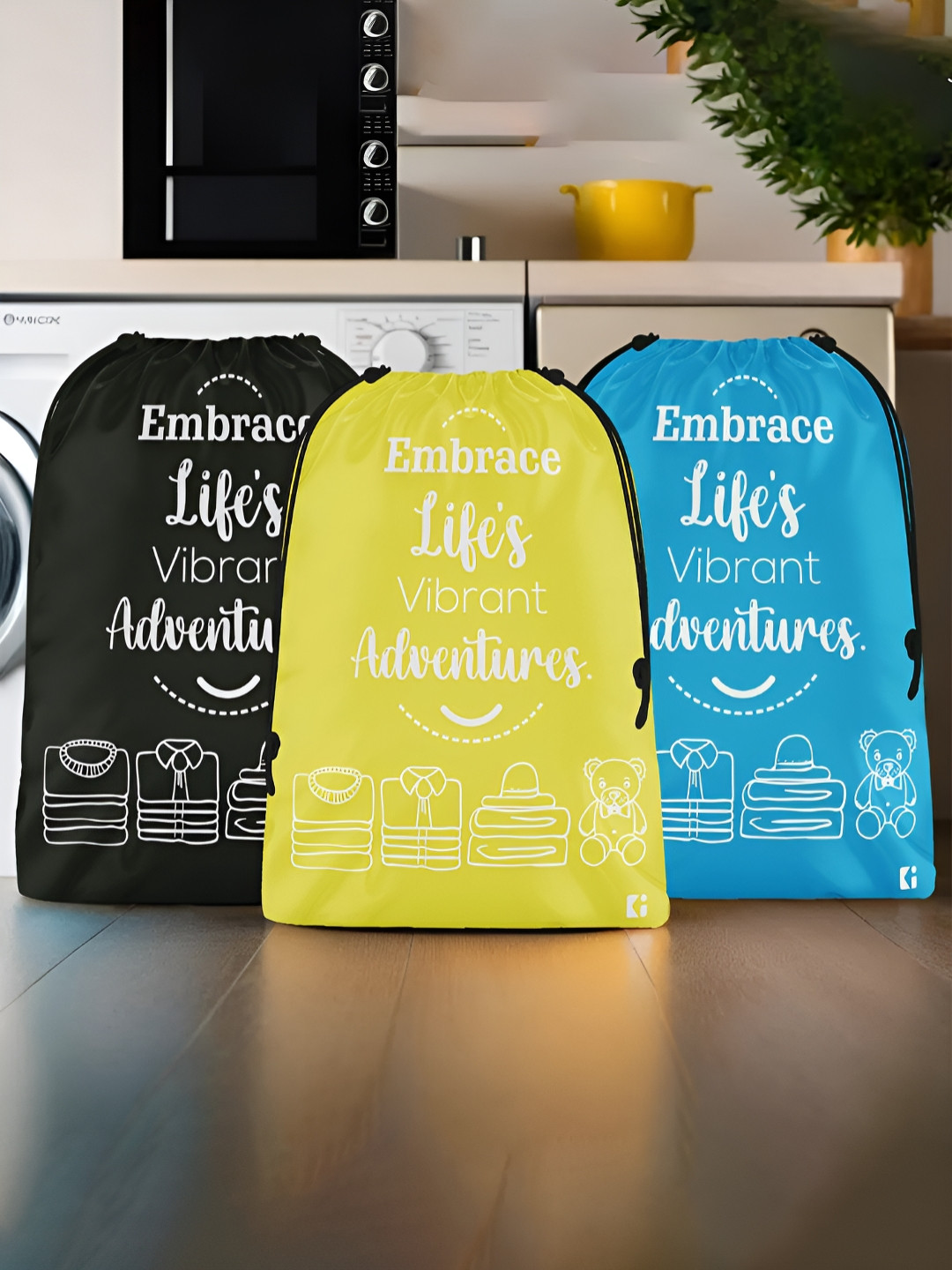 Aura Yellow & Black 3 Pieces Printed Foldable Laundry Bags