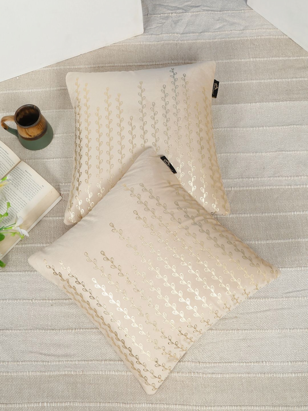 HOSTA HOMES Cream & Gold-Toned 2 Pieces Floral Foil Printed Velvet Square Cushion Covers
