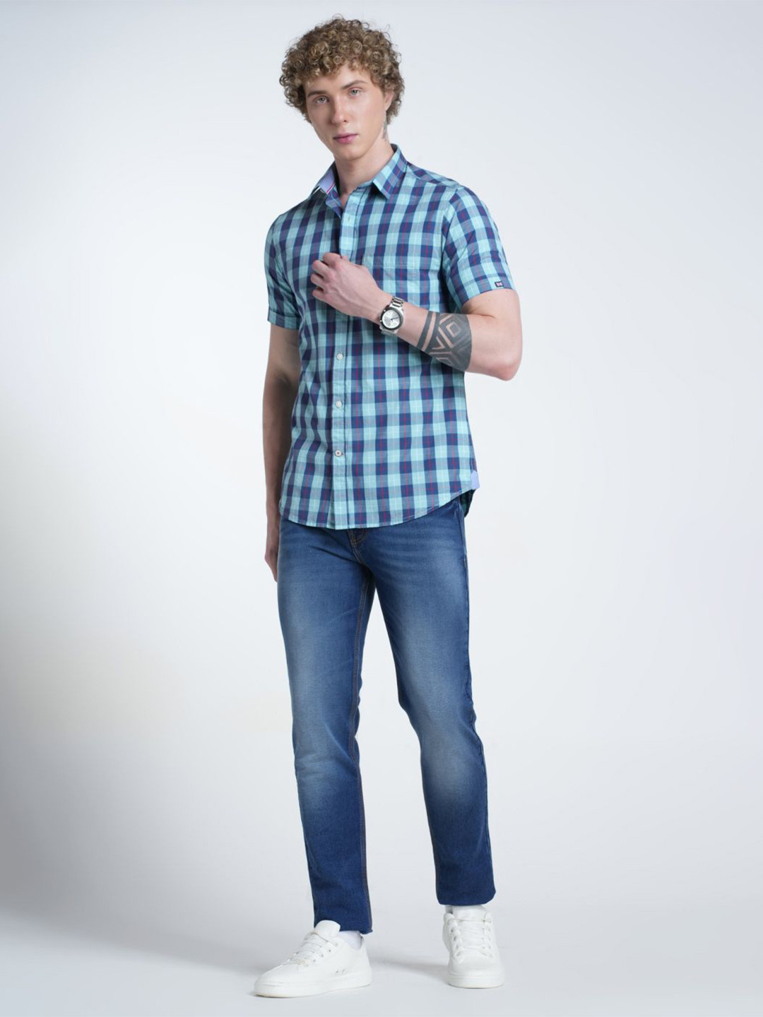 Double Two Men Relaxed Fit Buffalo Checked Spread Collar Cotton Casual Shirt