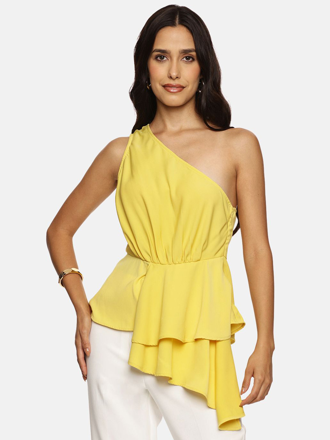 ISU Women One Shoulder Ruffle Cinched Waist Top