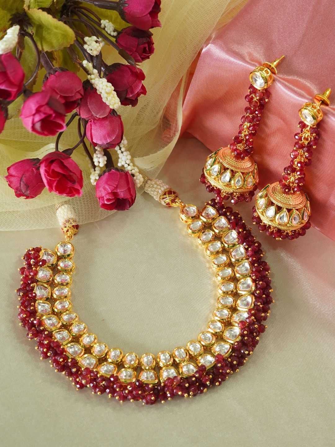 INC63 Velvet Red Pearl Kundan Necklace Set