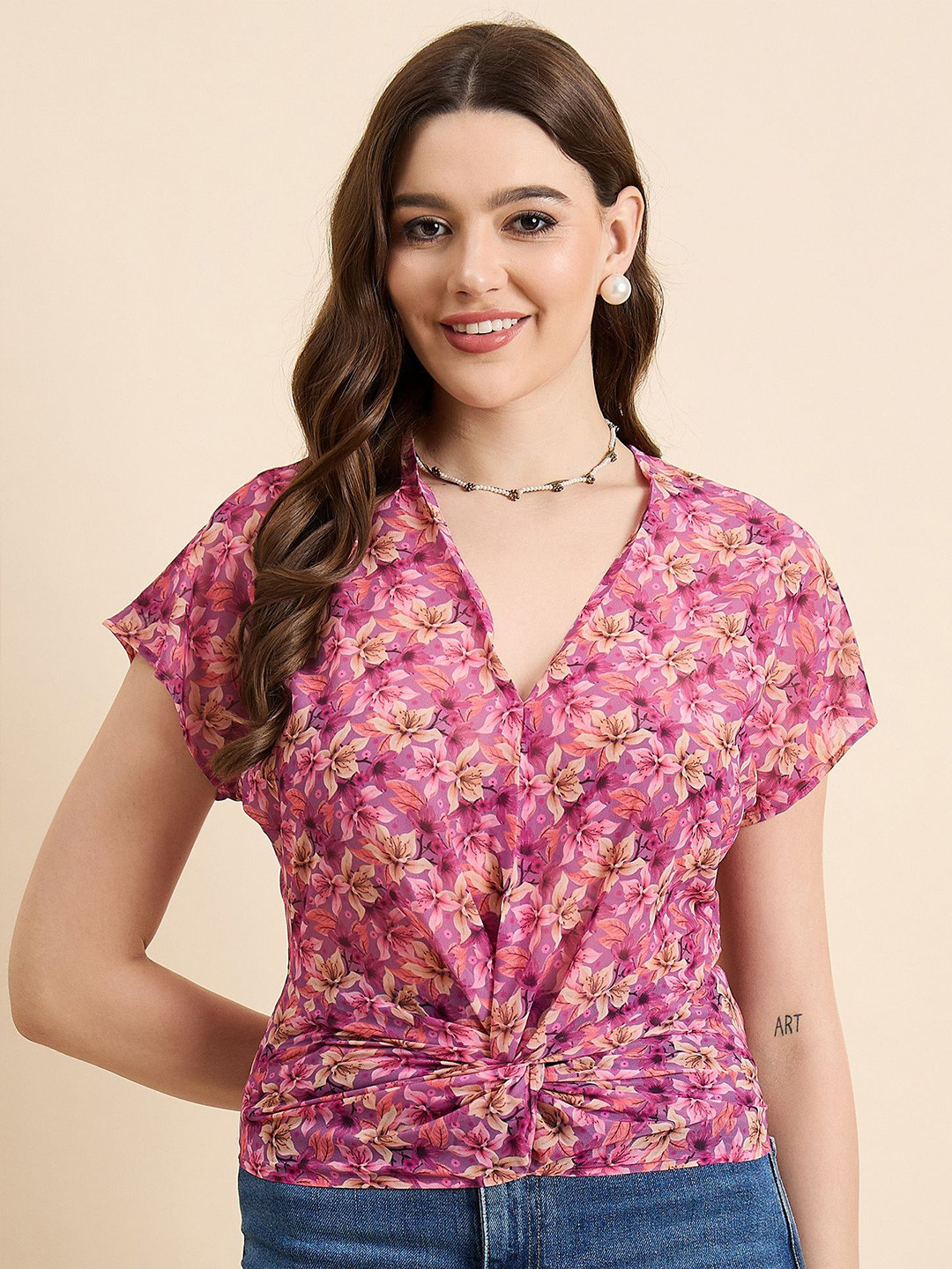 ANJIR Women Floral Print Crepe Top