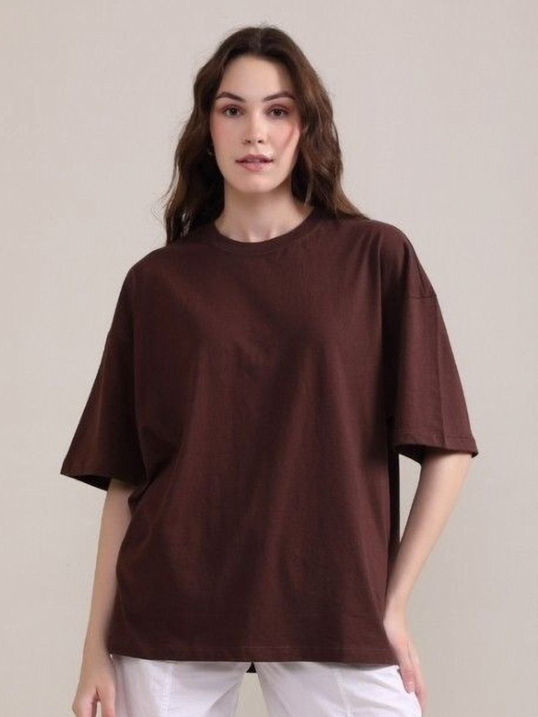 URBANICE Round Neck Drop-Shoulder Sleeves Oversized Cotton T-shirt