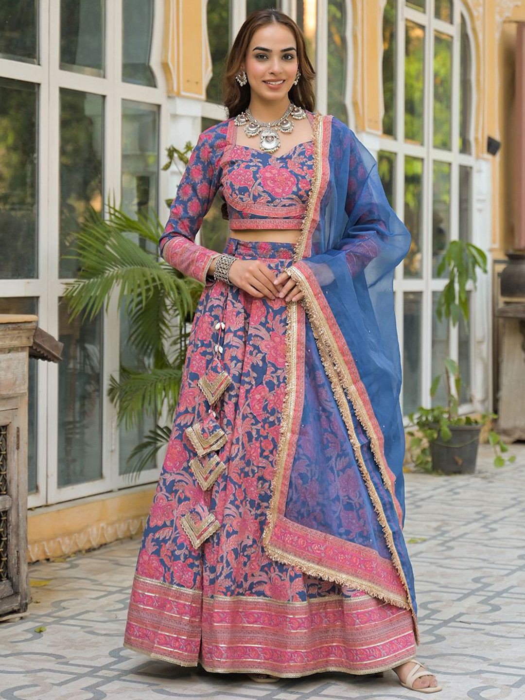Divena Floral Printed Cotton Sequinned Ready to Wear Lehenga & Blouse With Dupatta
